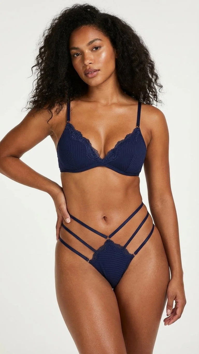 Gece Mavisi Yanları İpli Strappy Tanga - Ön Görünüm